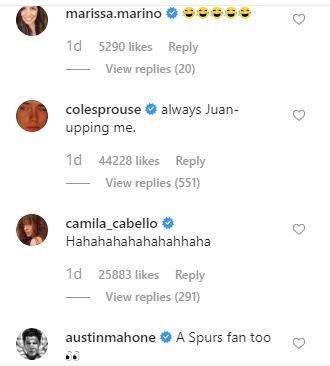 Comments on Selena Gomez's post by Marissa Marino, Cole Sprouse, Camila Cabello and Austin Mahonne.